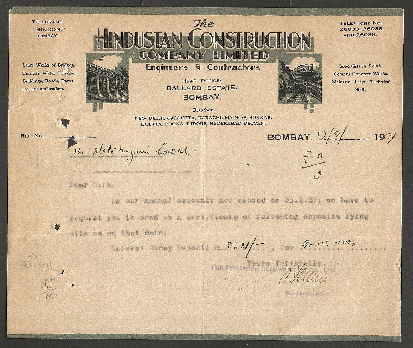 India 1937 illustrated letterhead HCC - HINDUSTAN CONSTRUCTION CO. Bombay
