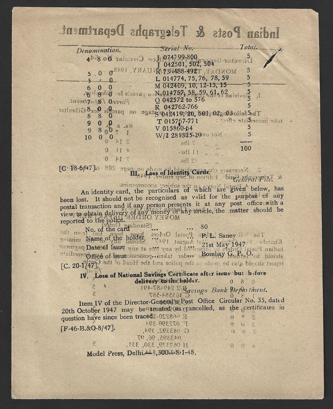 India POSTAL NOTICE #52 5th Jan 1948 Postage rates for Gilbraltar + CIRCULAR #54