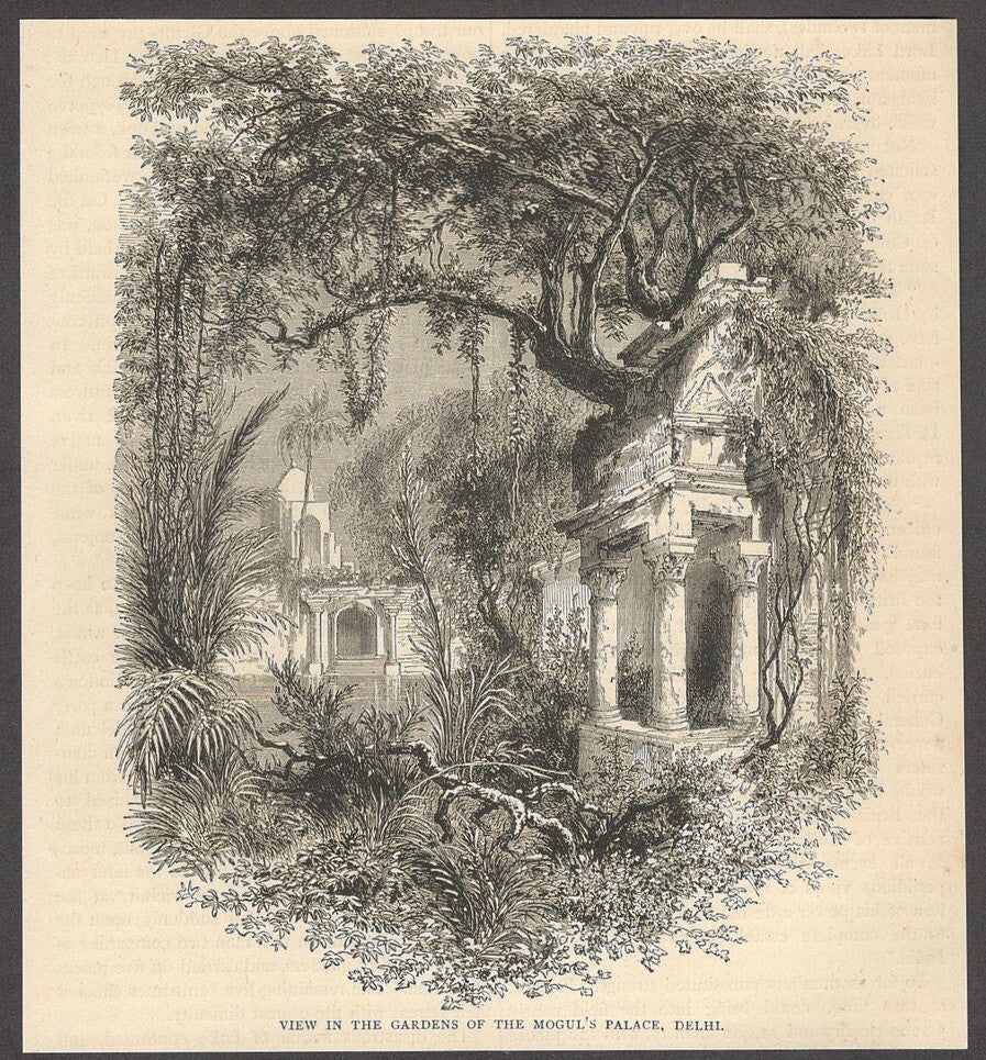 India GARDENS OF THE MOGUL'S PALACE, DELHI engraved print - Rousslet 1876 7"x6"