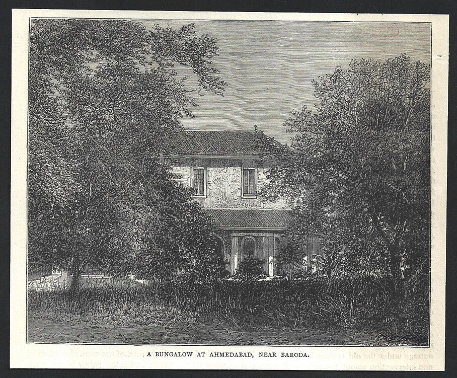 India A BUNGALOW AT AHMEDABAD, NEAR BARODA engraved print - Rousslet 1876 6"x5"