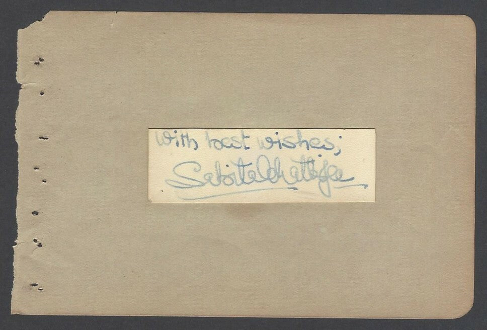 AOP India SABITHA CHATERJEE Bollywood Actress signed autograph book page India