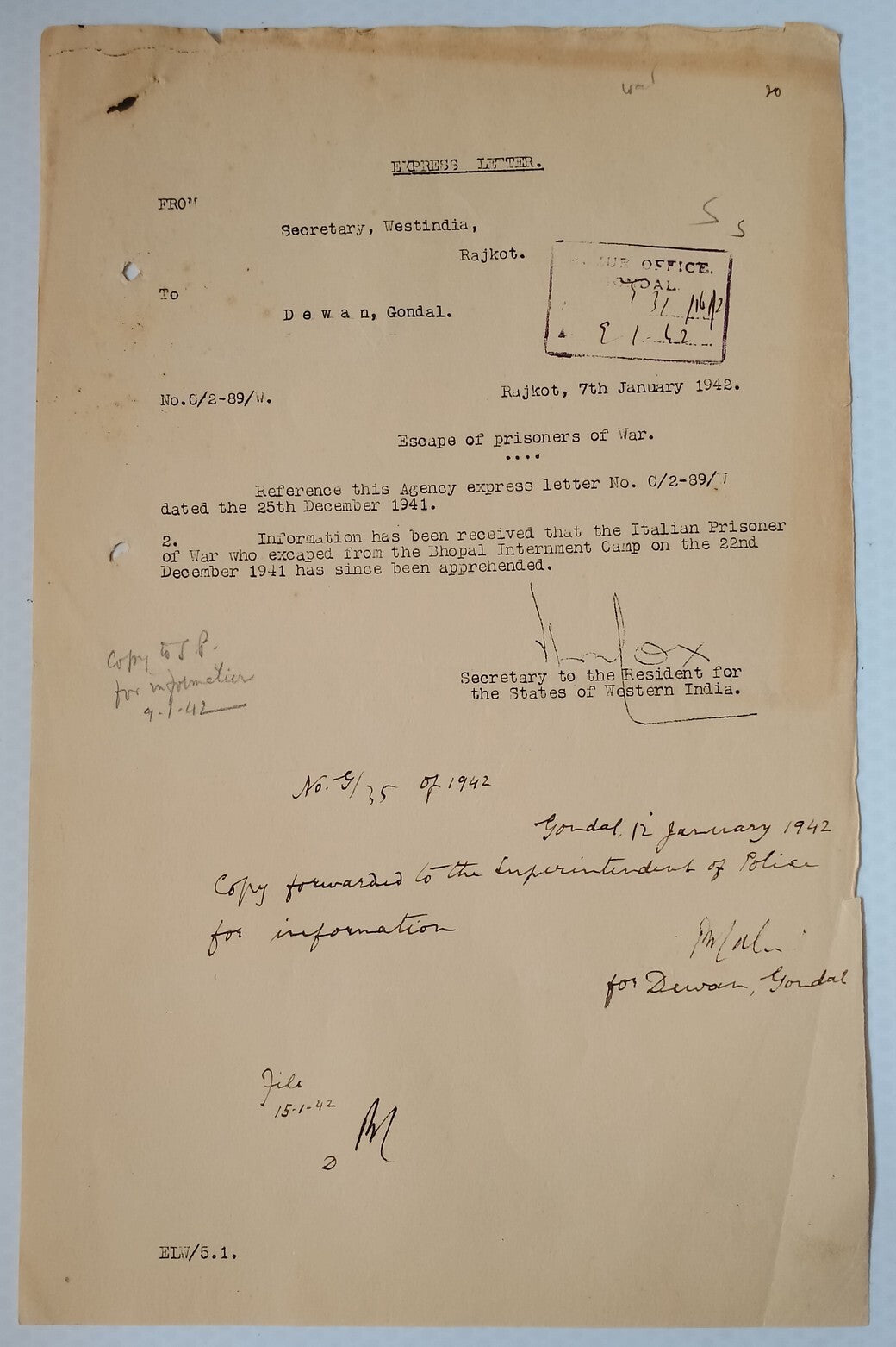 India WW2 1942 Official letter ESCAPE OF ITALIAN PRISONERS OF WAR Bhopal Camp