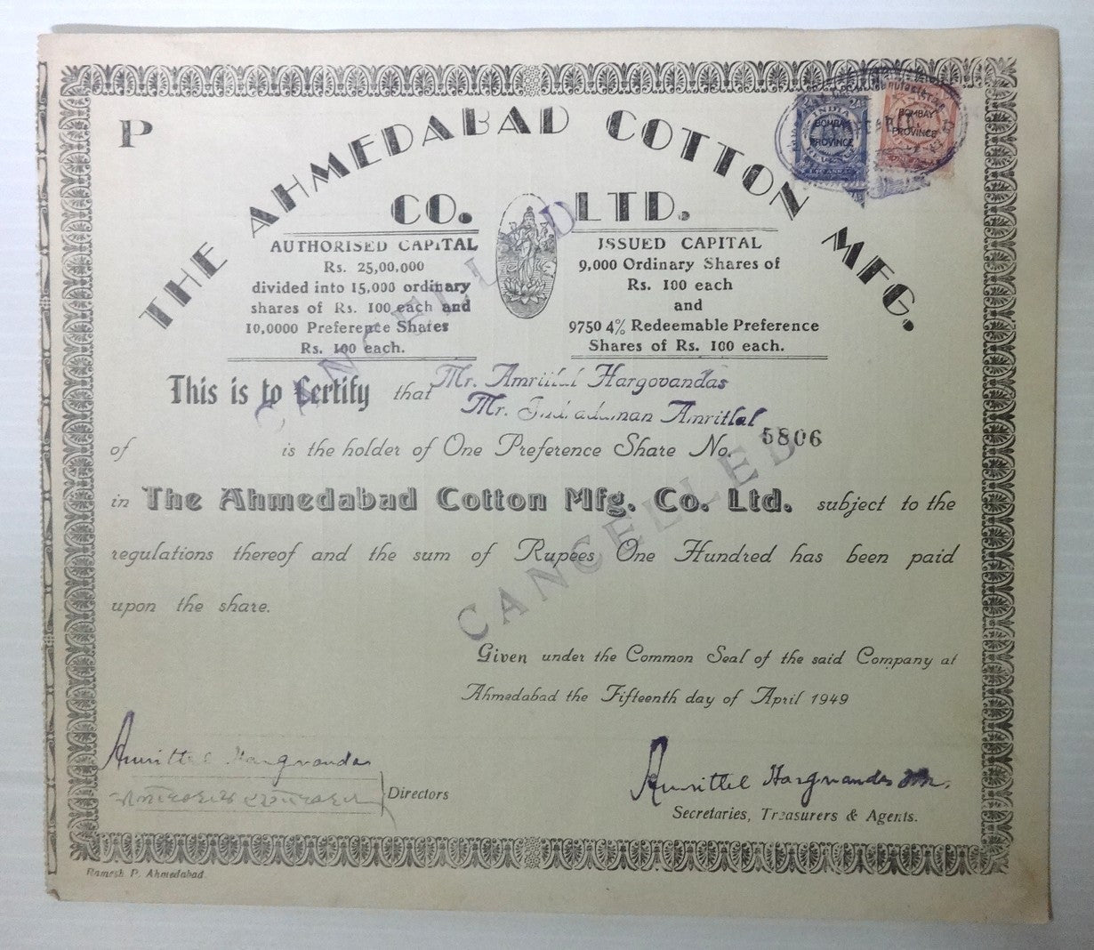 India 1949 Ahmedabad Cotton MFG share certificate