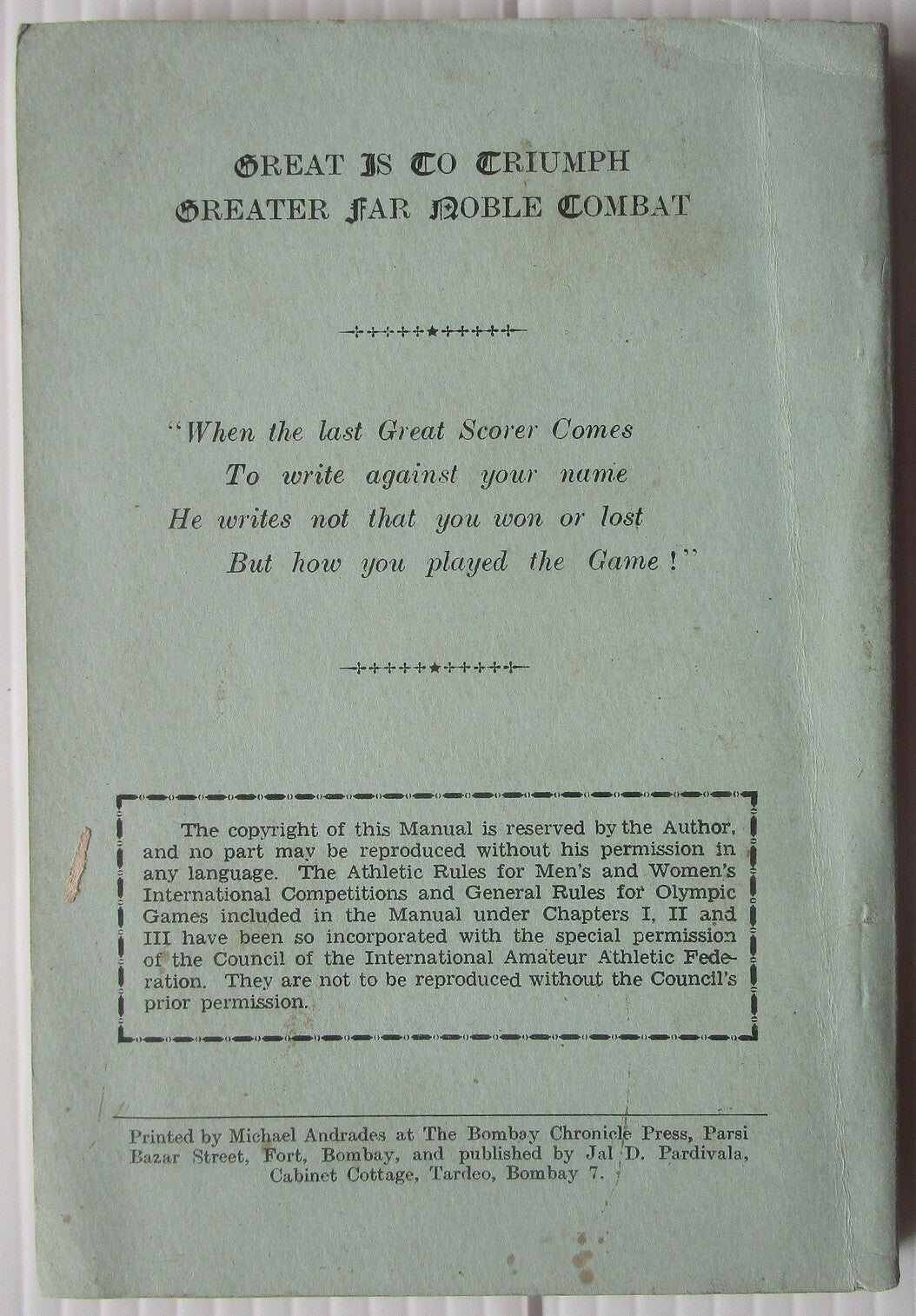 India Manual of Athletic Competitions Track & Field by Pardivala 1955 SC 143pgs