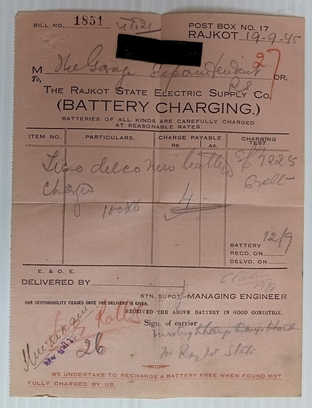 AOP India 1945 billhead RAJKOT STATE ELECTRIC BATTERING CHARGING