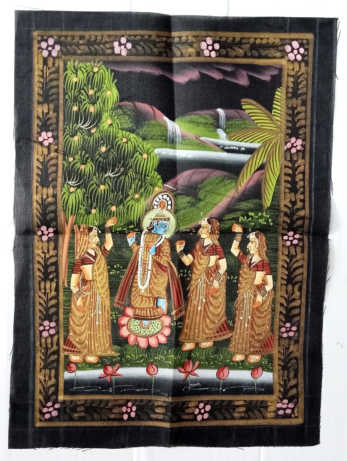 India Radha & Krishna hand painted on black cloth 22 x32 cm
