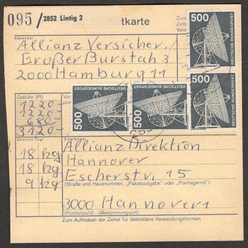 (AOP) India Germany 1975 500pf x 6, etc. on parcel card