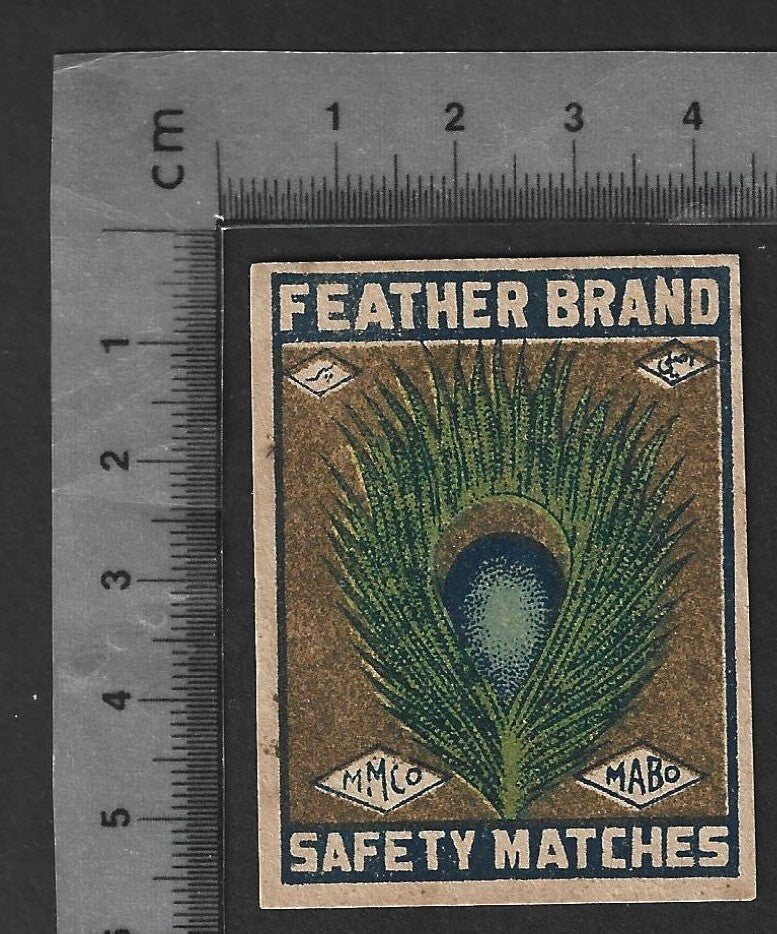 AOP India vintage matchbox label FEATHER BRAND - PEACOCK
