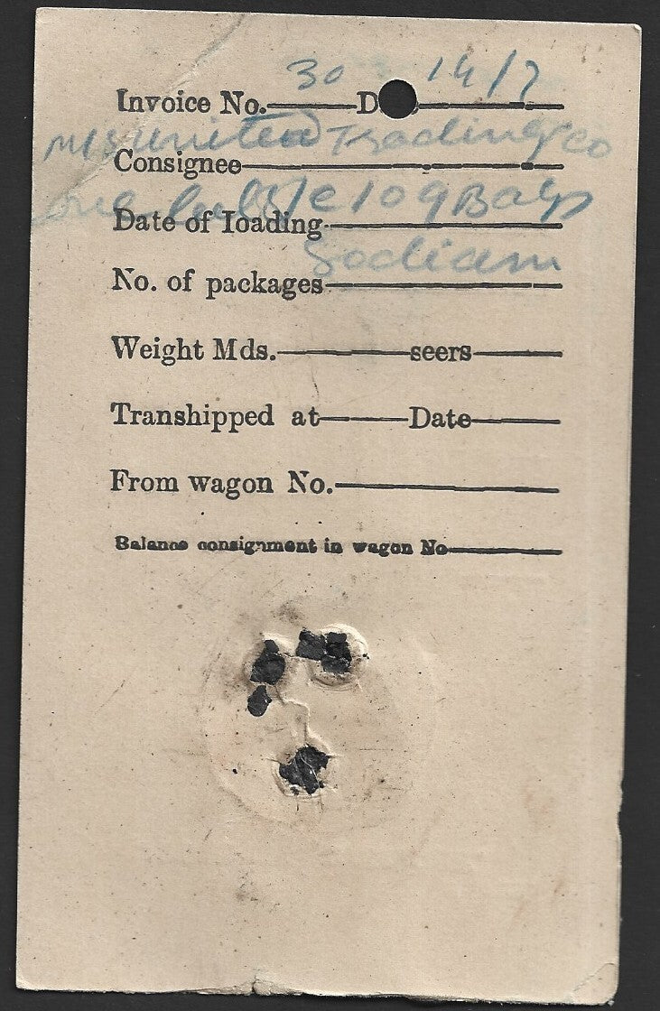 India 1907 Jodhpur railway luggage tag