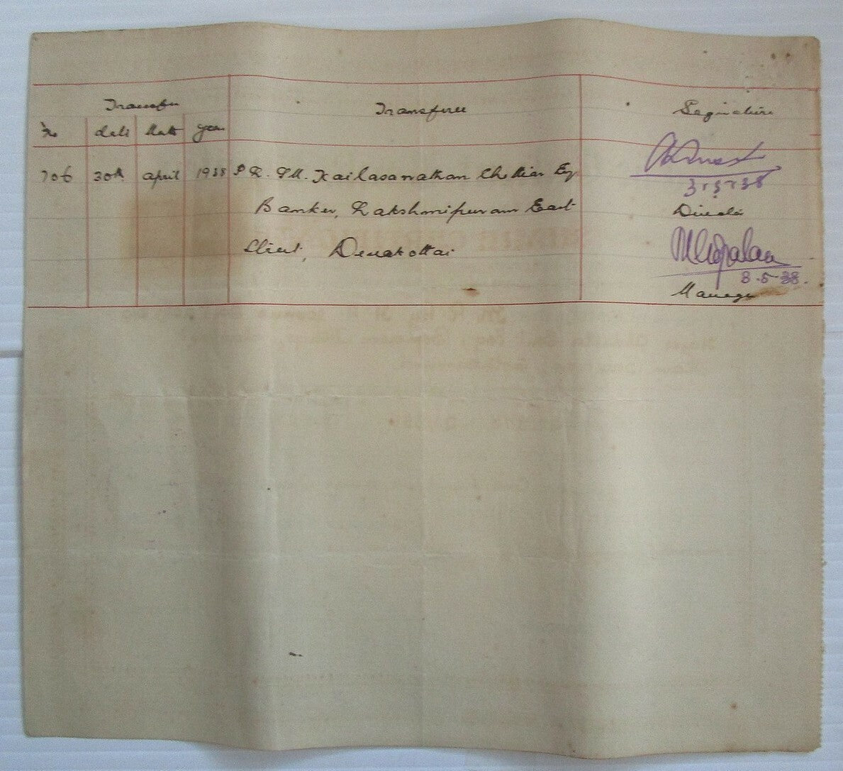India THE CALICUT BANK 1930 share certificate