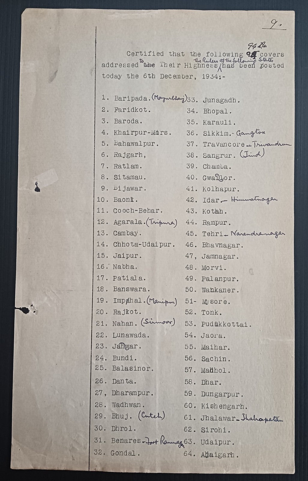 India 1934 Cerificate of Posting for 94 letters to RAJAS & NAWABS of 94 States