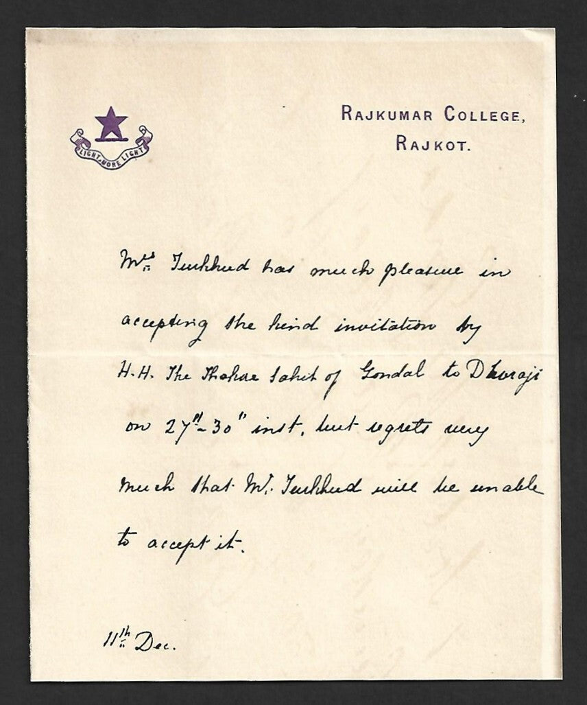 AOP India 1887 crested letter RAJKUMAR COLLEGE, Rajkot