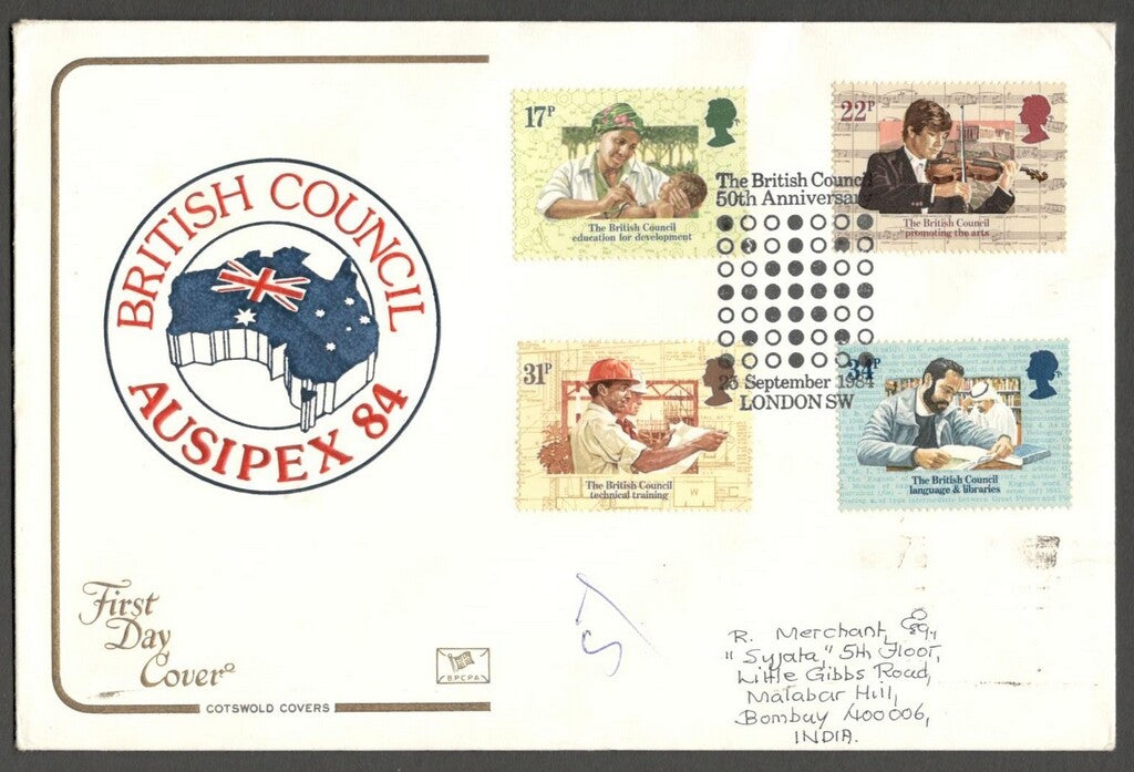 AOP GB Great Britain 1984 British Council on COSTWOLD Ausipex 84 FDC to India