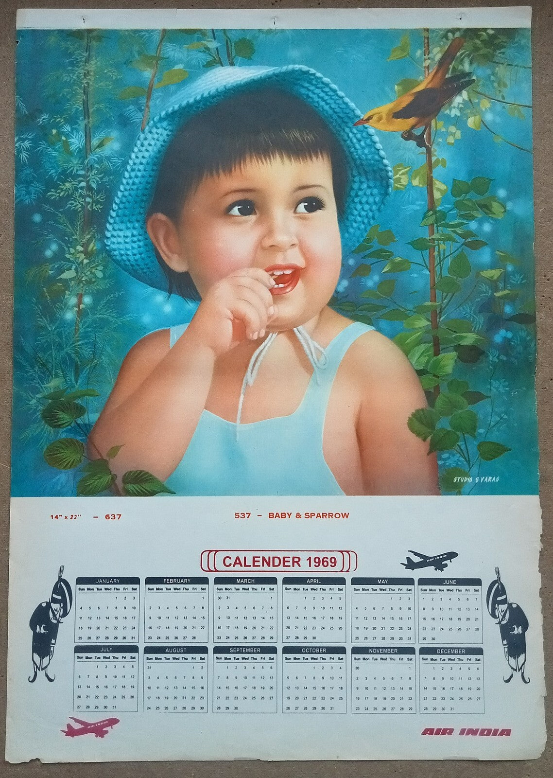 AIR INDIA 1969 poster calender 637 - BABY & SPARROW - STUDIO : S. V. VARAS - R
