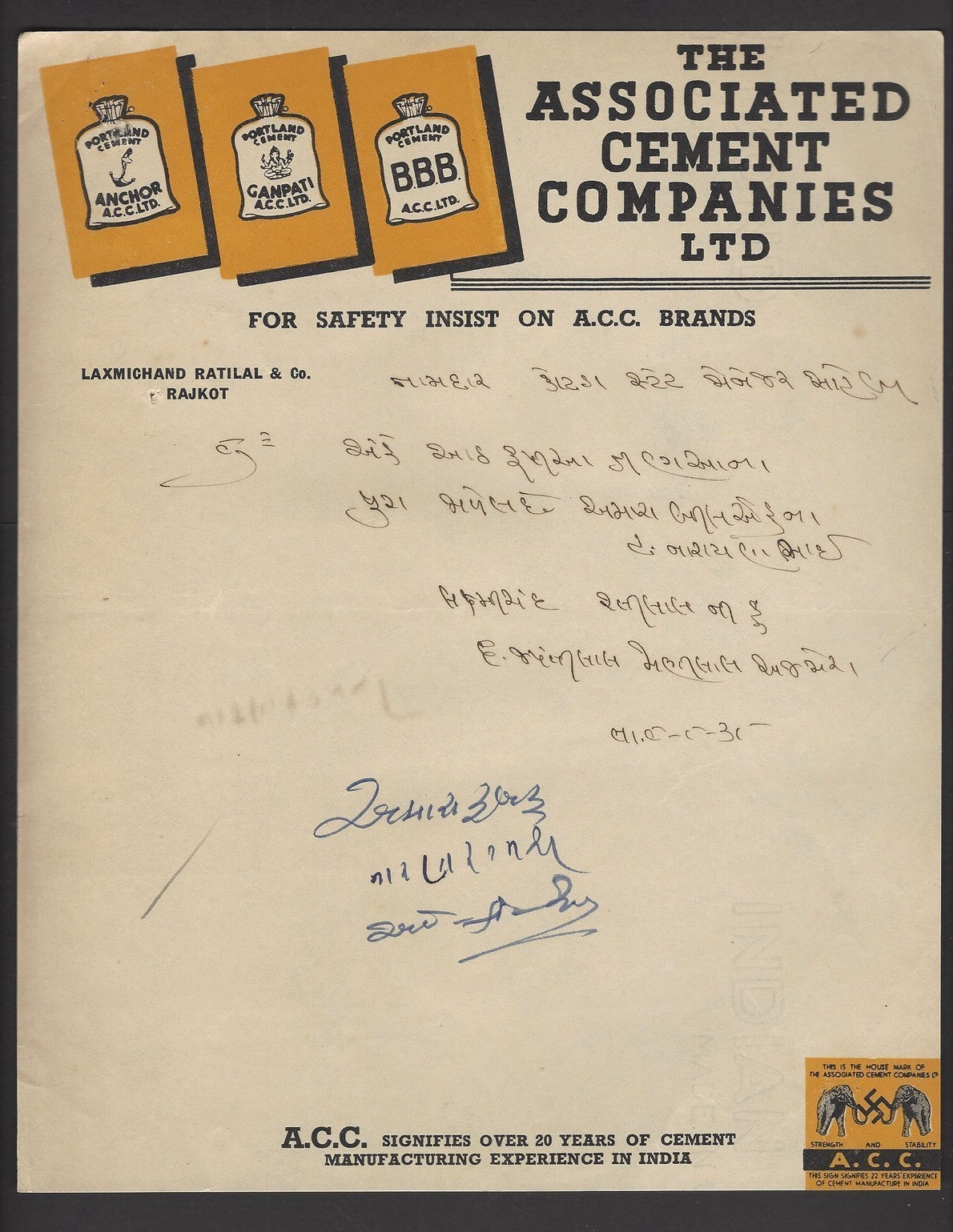 India 1937 illustrated letterhead ACC ASSOCIATED CEMENTS COMPANIES, LTD