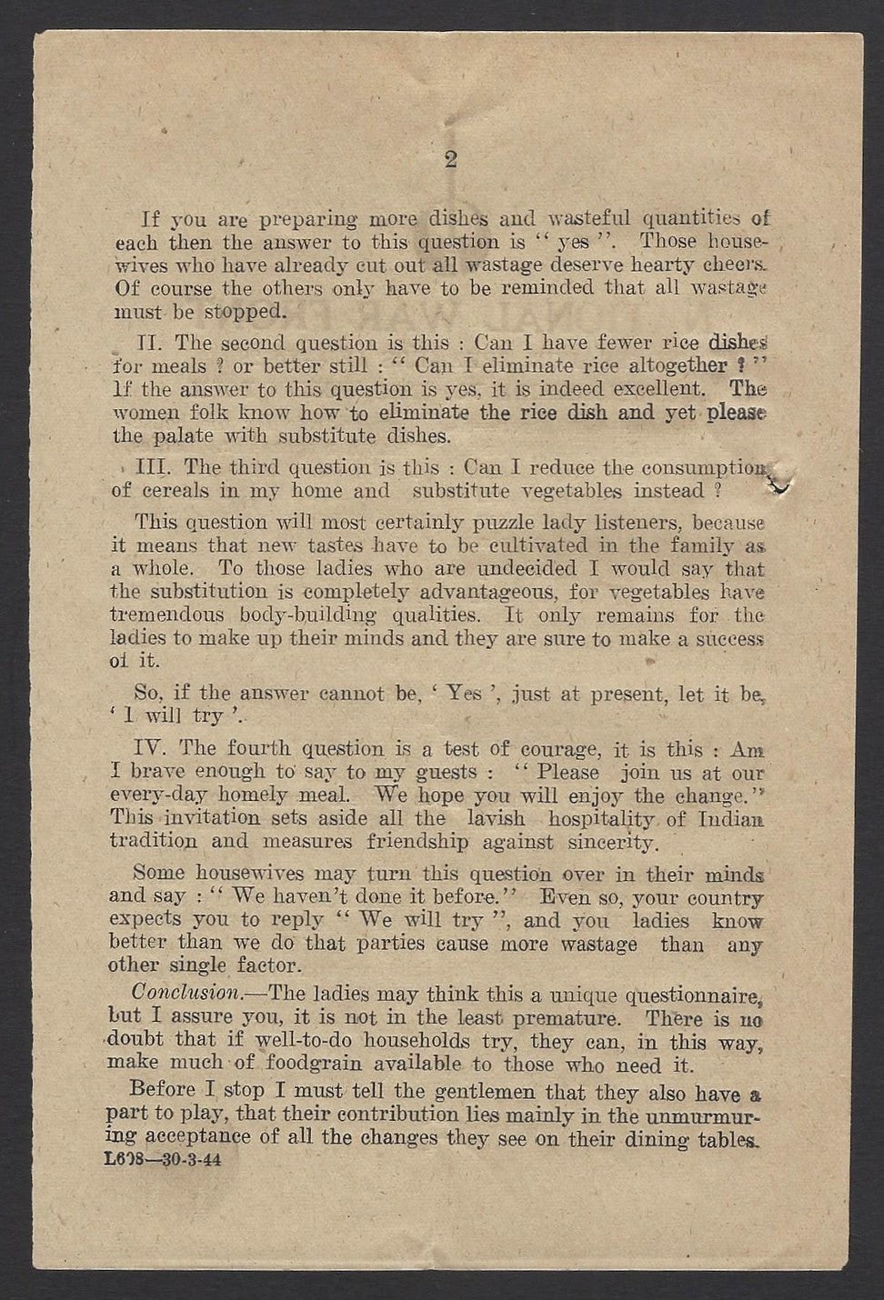 India WW2 National War Front Propaganda QUESTIONAIRE FOR WOMEN FOLK