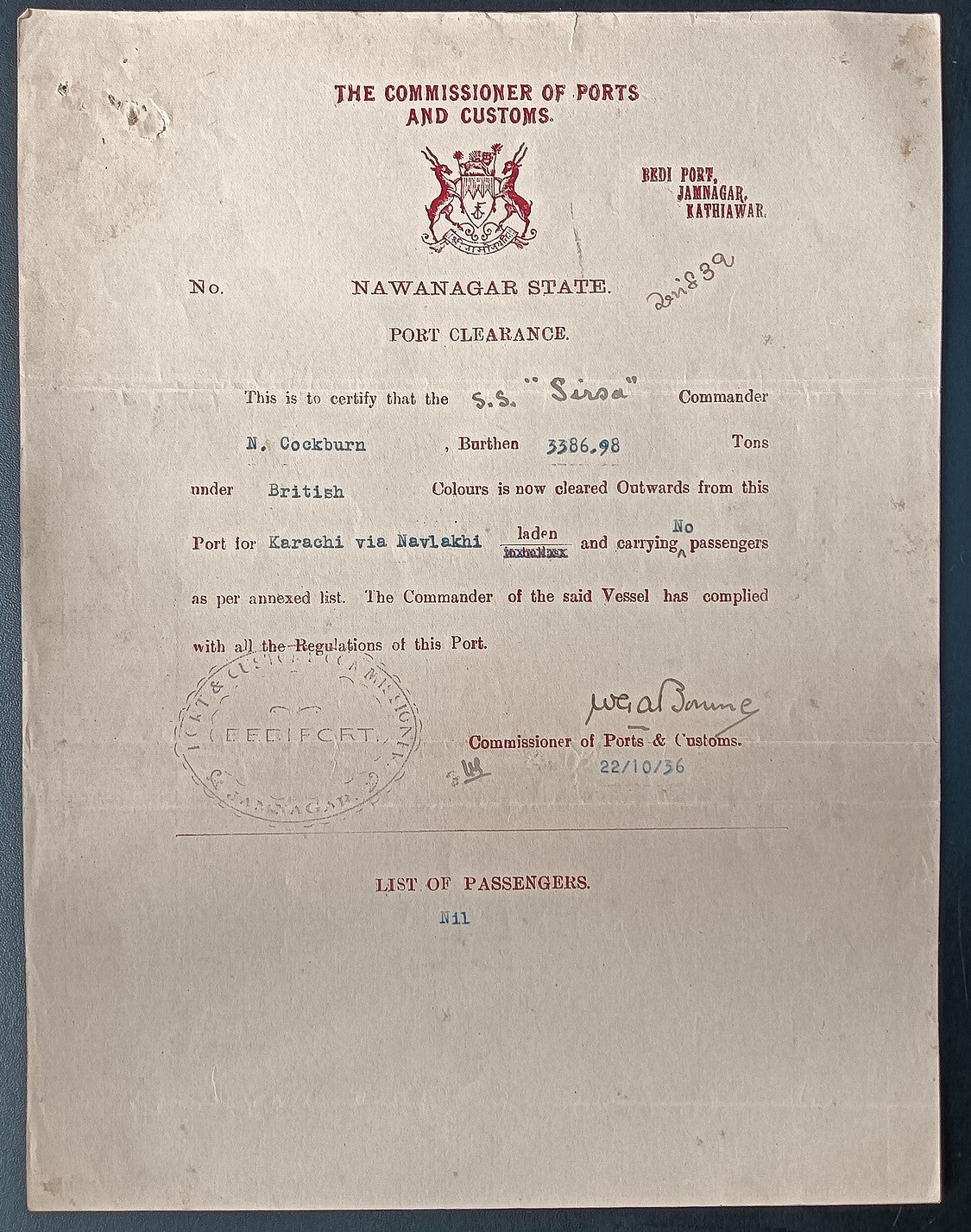 India Navlakhi Port, Morvi 1936 outgoing ship Port Clearance S.S. SIRSA