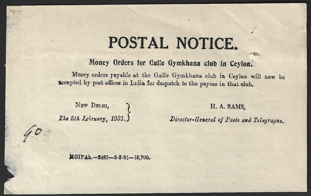 India POSTAL NOTICE 5th Feb. 1931 Money Orders for Galle Gymkhana Club in Ceylon