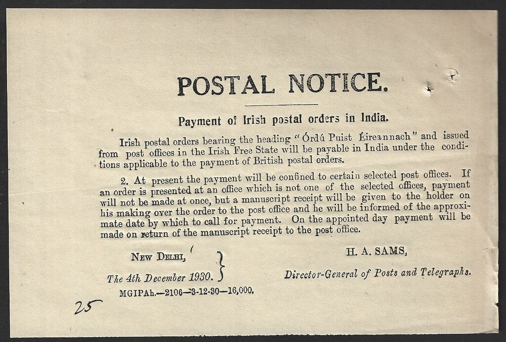 India POSTAL NOTICE 4th Dec. 1930 Payment of Irish Postal Orders in India
