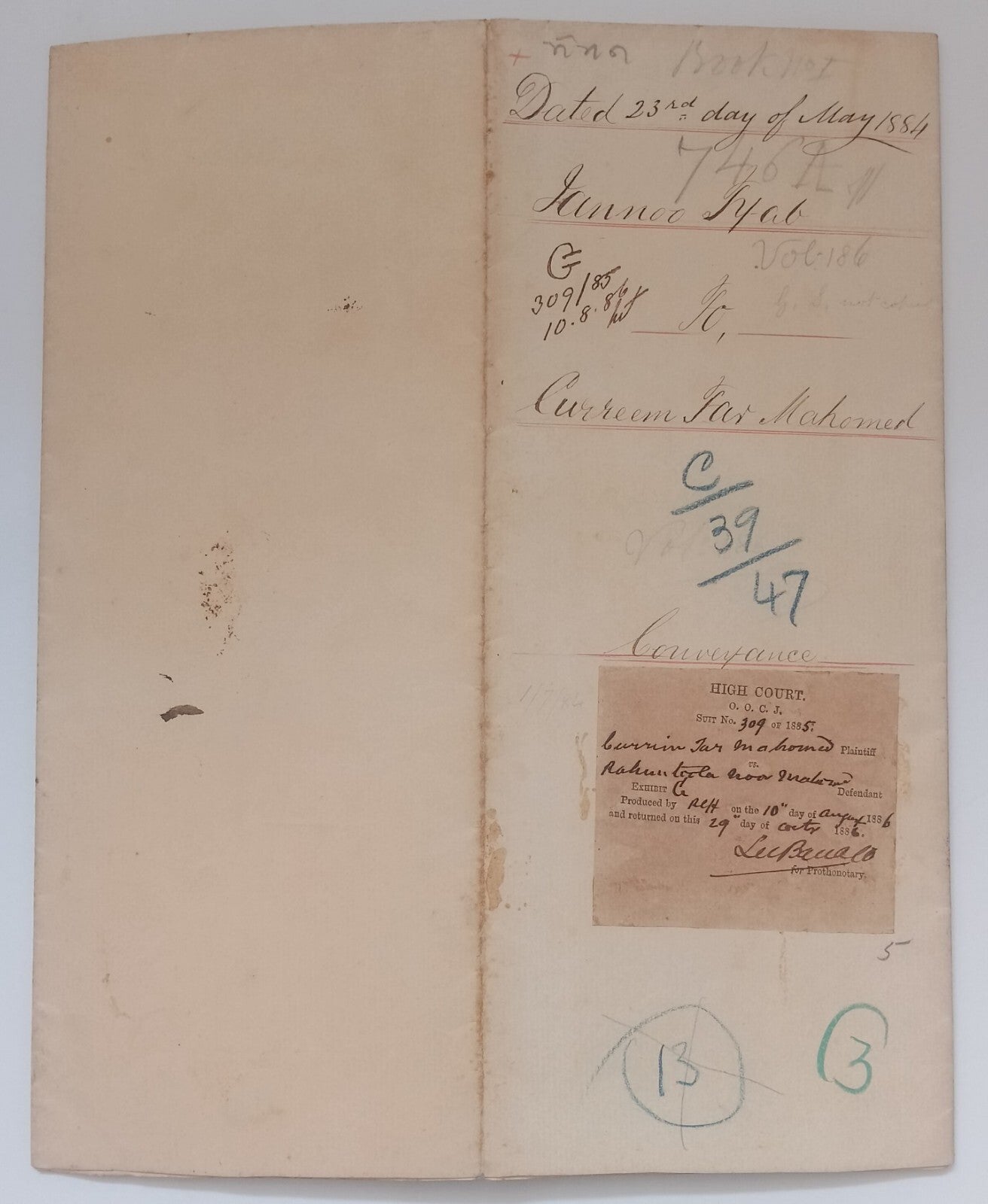 AOP India QV Queen Victoria 1868 Special Adhesive 10R on 1884 indenture 3 pgs