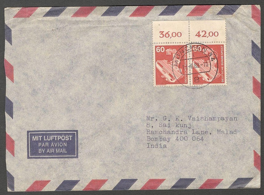 AOP Germany 1978 60pf fancy pair on cover to India. Mi. 990 MeF