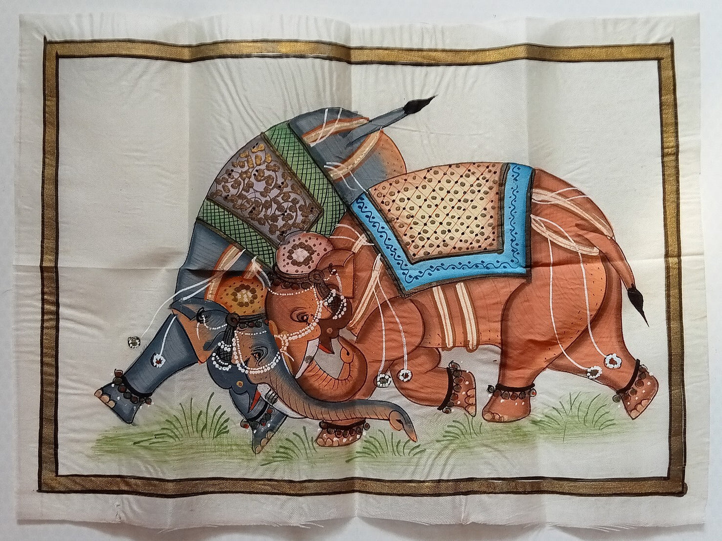 India vintage hand painting on cloth FIGHTING ELEPHANTS 9 x 13 inches