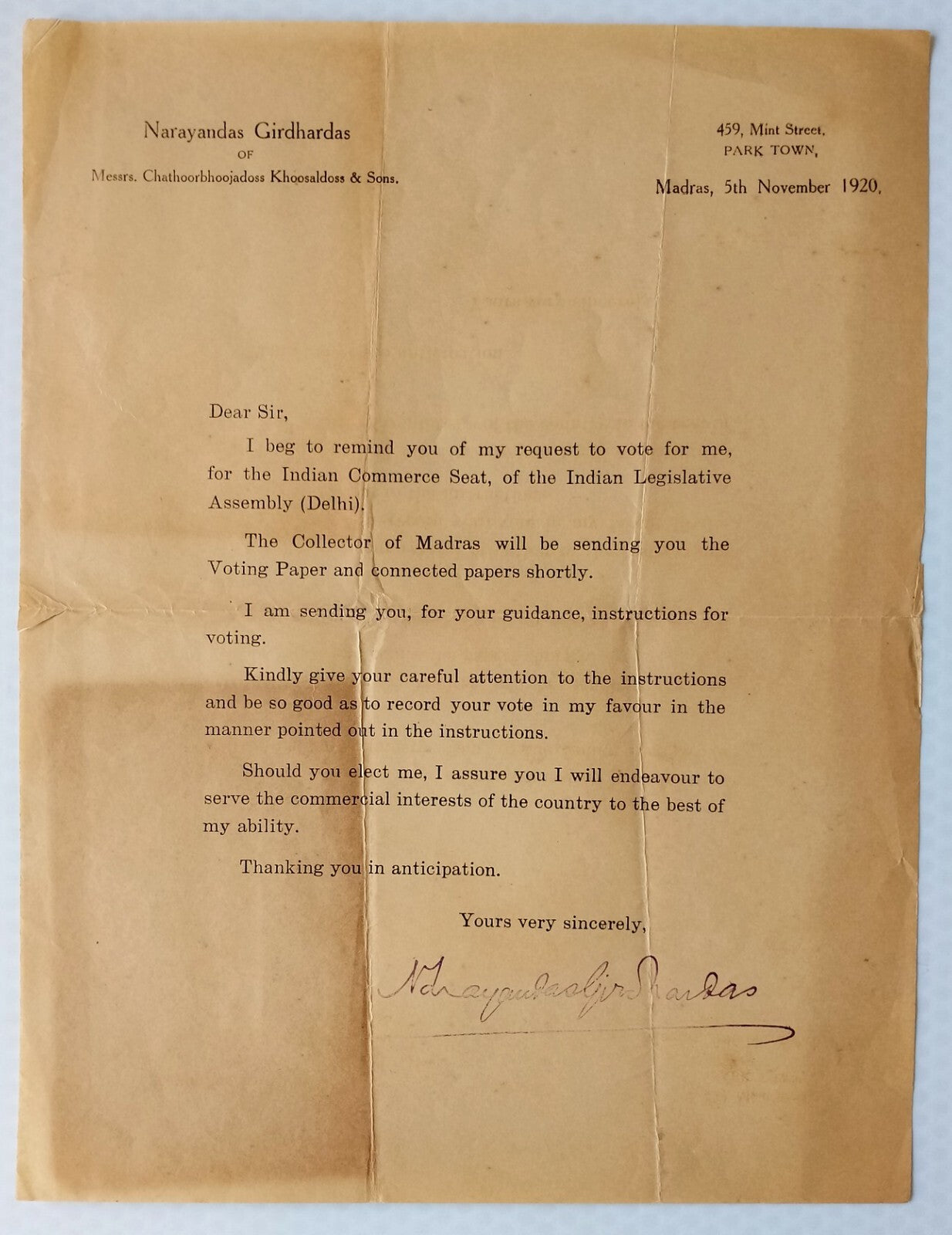 India INDIAN LEGISLATIVE ASSEMBLY 1920 Election Candidate Statement leaflet