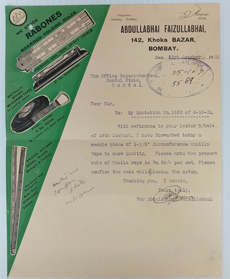 AOP Rabones Boxwood Folding Rules Bombay 1931 illustrated letterhead India
