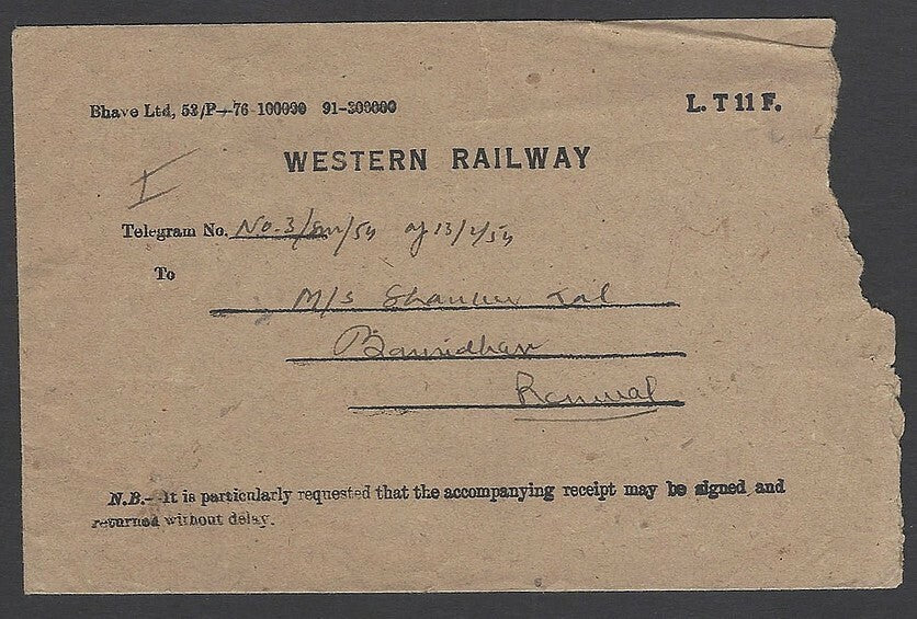 India Western Railway 1952 telegram & envelope