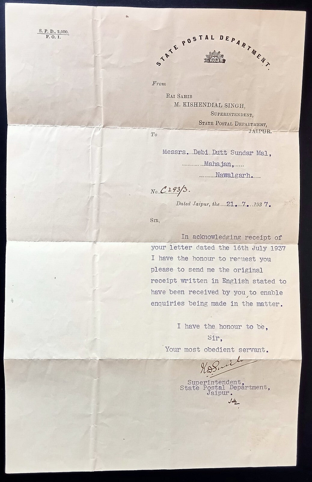 India Jaipur State 1937 STATE POSTAL DEPARTMENT letter & envelope