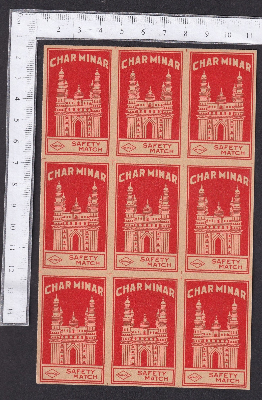 India vintage WIMCO matchbox label CHARMINAR Hyderabad uncut block of 9