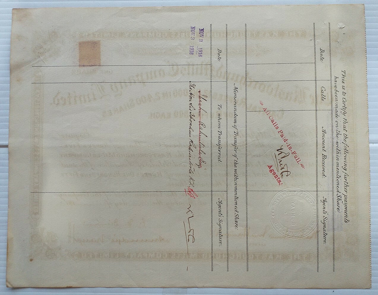India THE KASTOORCHAND MILLS 1914 share certificate signed FE Dinshaw