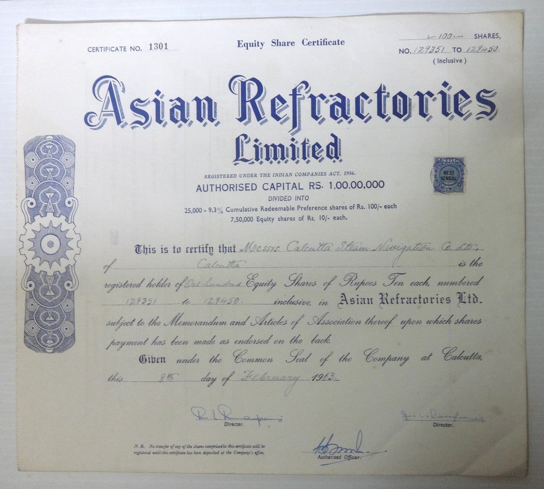 India 1963 Asian Refractories share certificate