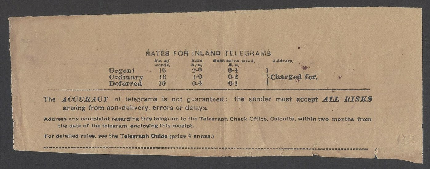 AOPIMT India 1908 telegraph receipt wi intalgio J hs
