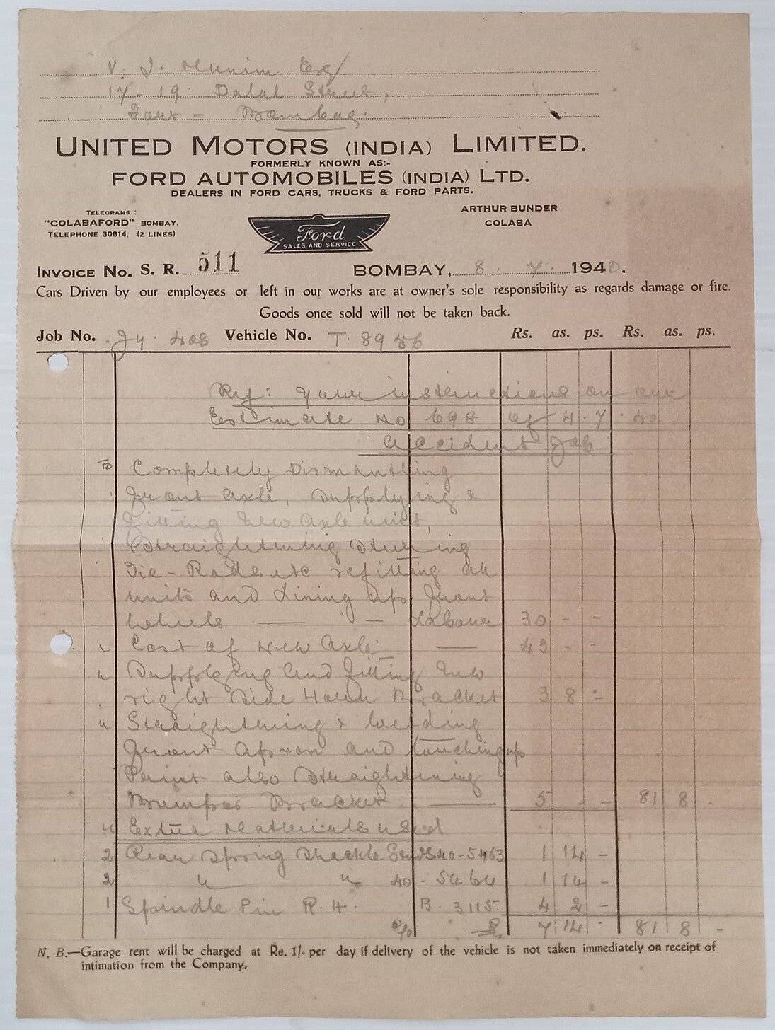 AOP India 1940 billhead FORD AUTOMOBILES (INDIA) LTD., Bombay