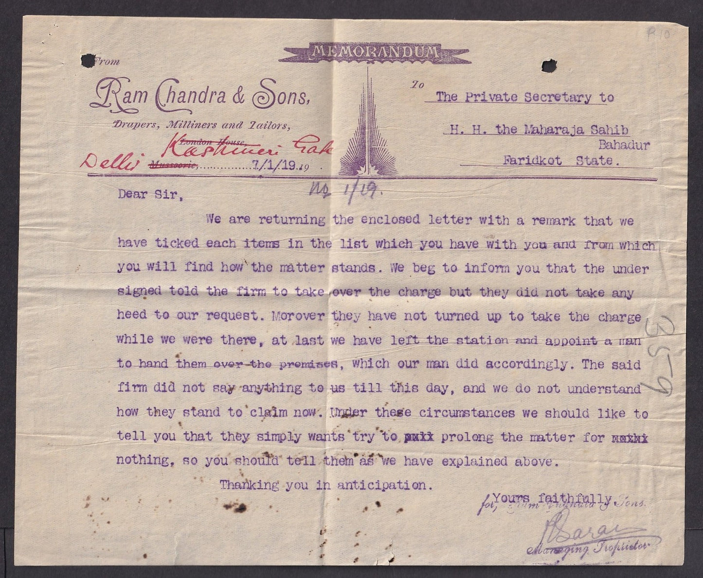 India Delhi Drapers, Milliners & Tailors letterhead 1919 to PS Maharaja Faridkot