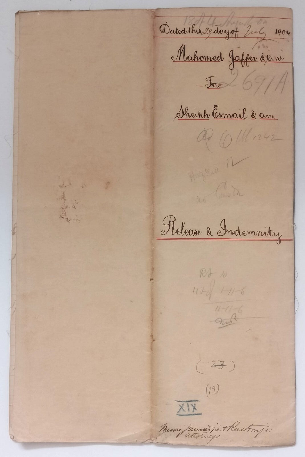 AOP India QV Queen Victoria 1868 Special Adhesive 10R on 1904 indenture 5 pgs