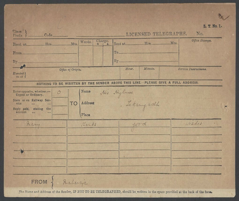 India Maharaja Orchha to Maharaja Gondal 1931 telegram & reply