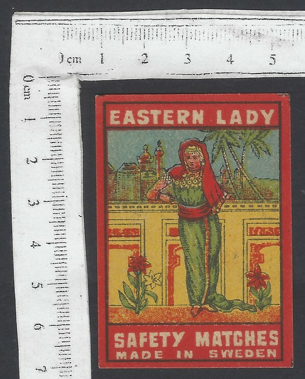 AOP India vintage matchbox label Eastern Lady Made in Sweden