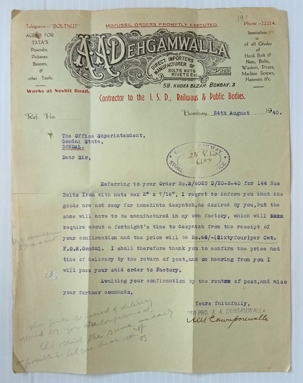 AOP A.A.Dehgamwalla Railway Contractor Bombay 1940 illustrated letterhead India