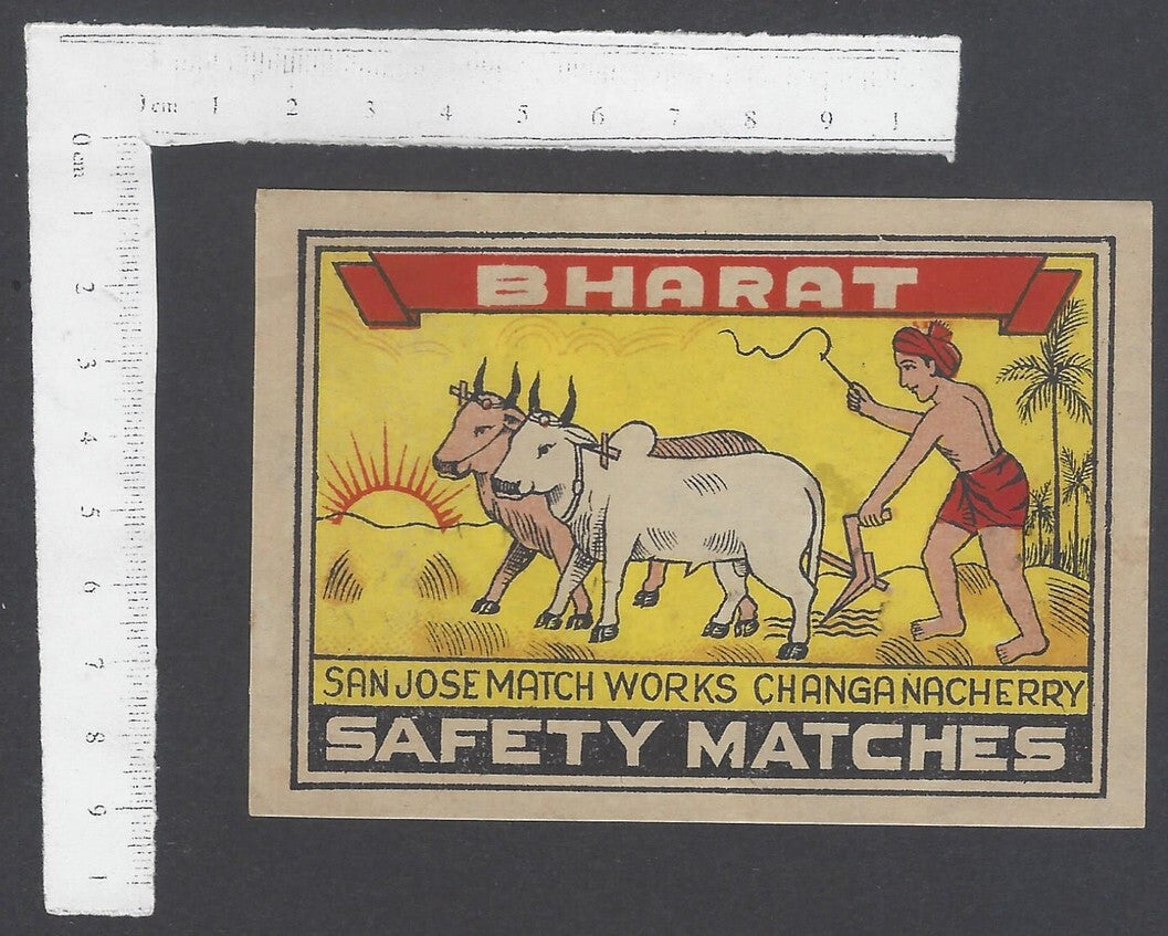 AOP India vintage large matchbox label BHARAT Farmer & Bulls