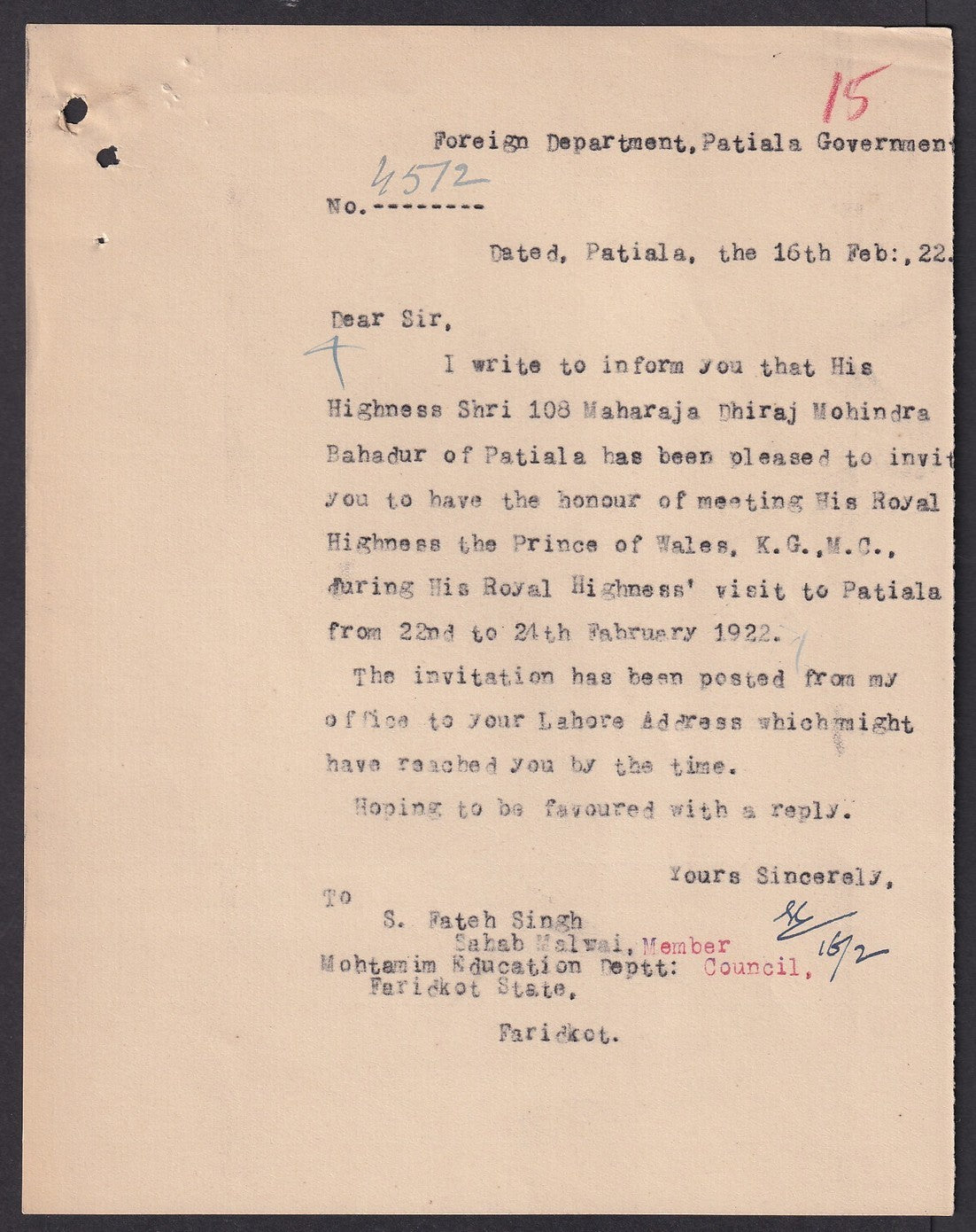 India 1922 HRH The Prince of Wales Visit invitation letter