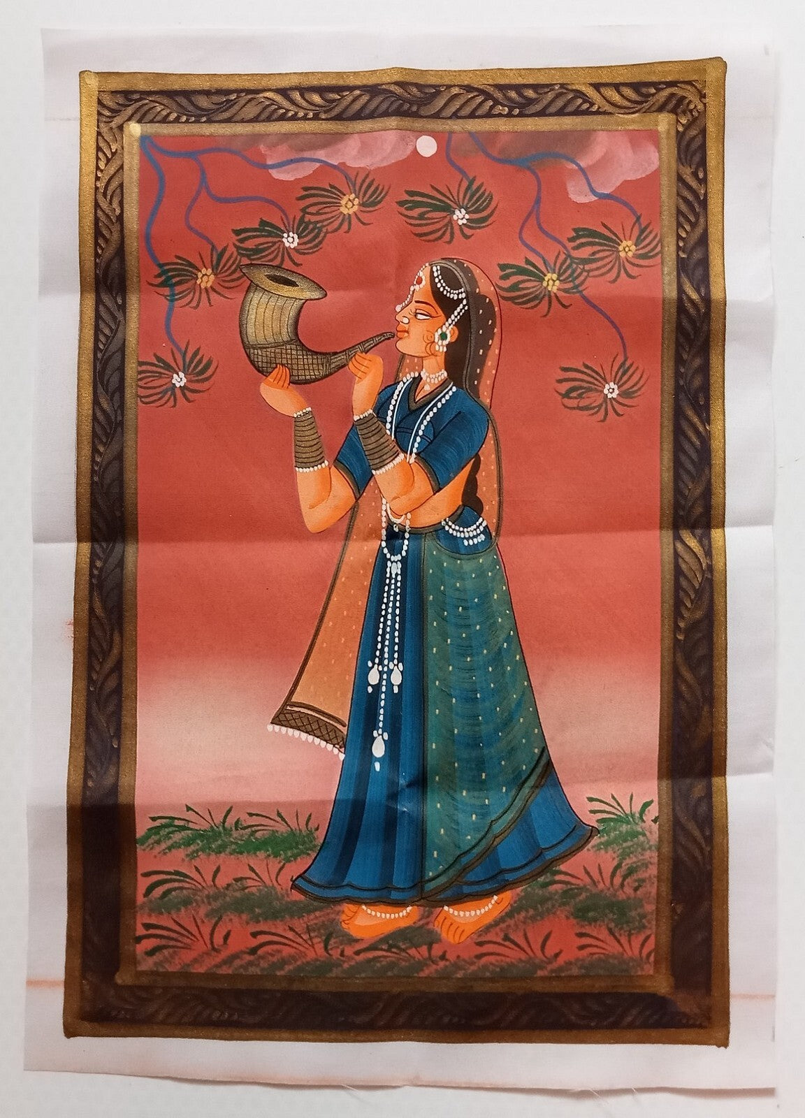 India vintage hand painting on cloth INDIAN GIRL 8 x 12 inches