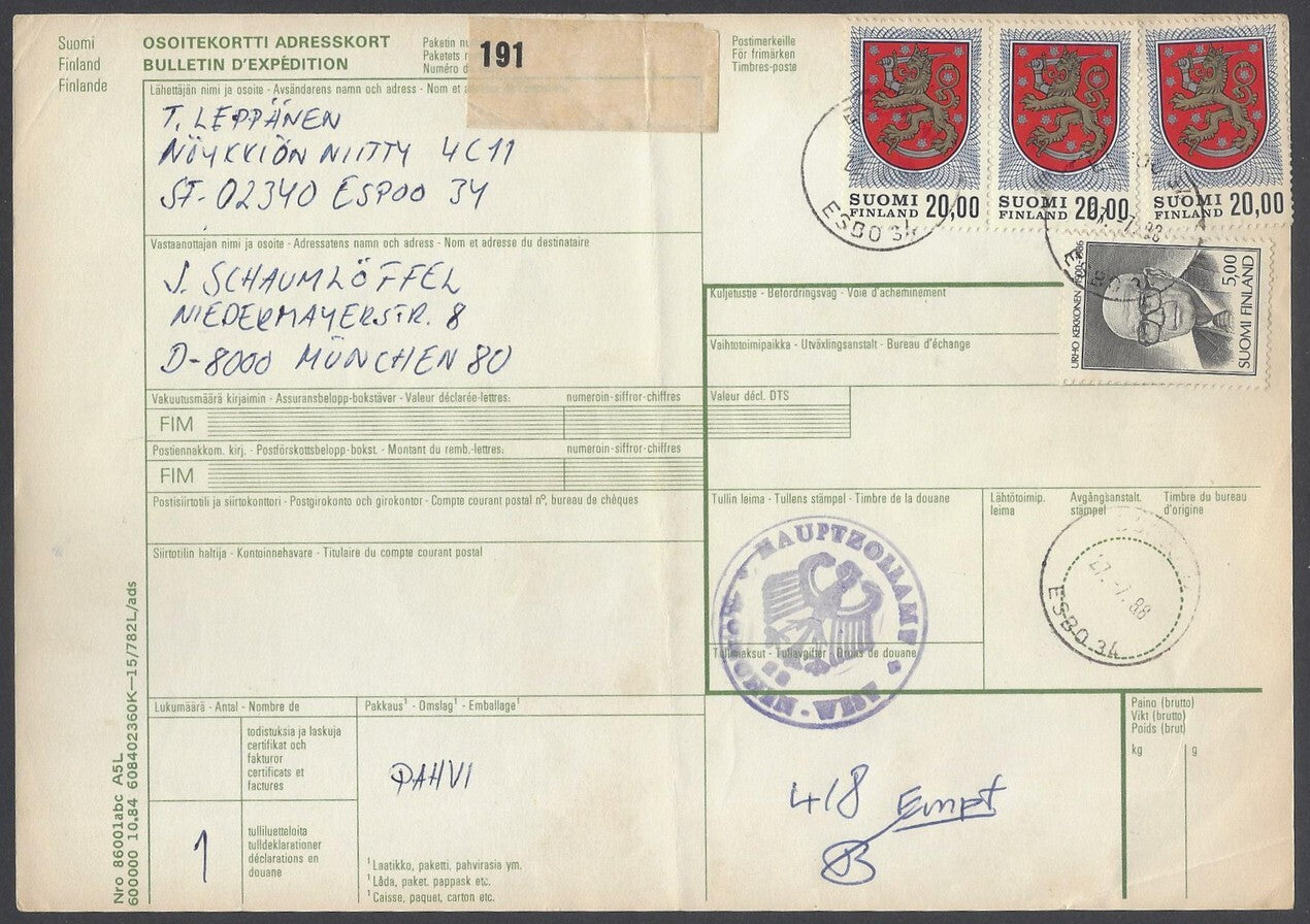 AOP Finland #470A x 3, etc. on parcel card to India