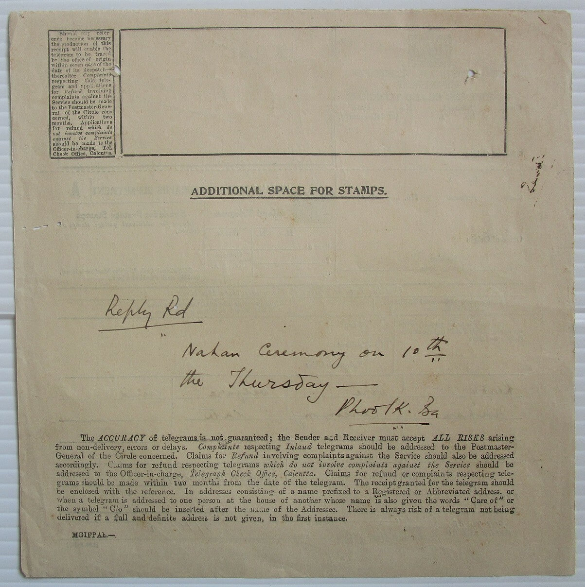 India 1938 Inland Telegram with counterfoil attached