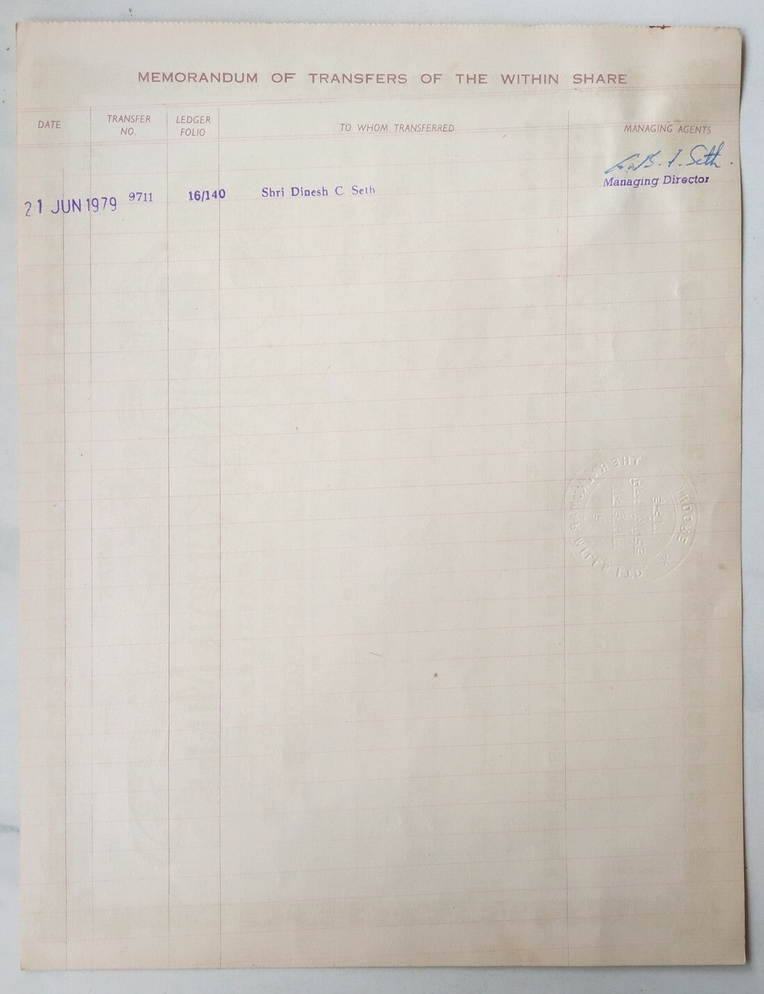 India 1967 The Rajkumar Mills Limited share certificate