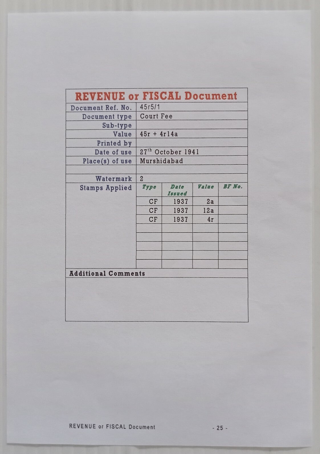 AOP India KGV 45R stamp paper with Court Fee stamps