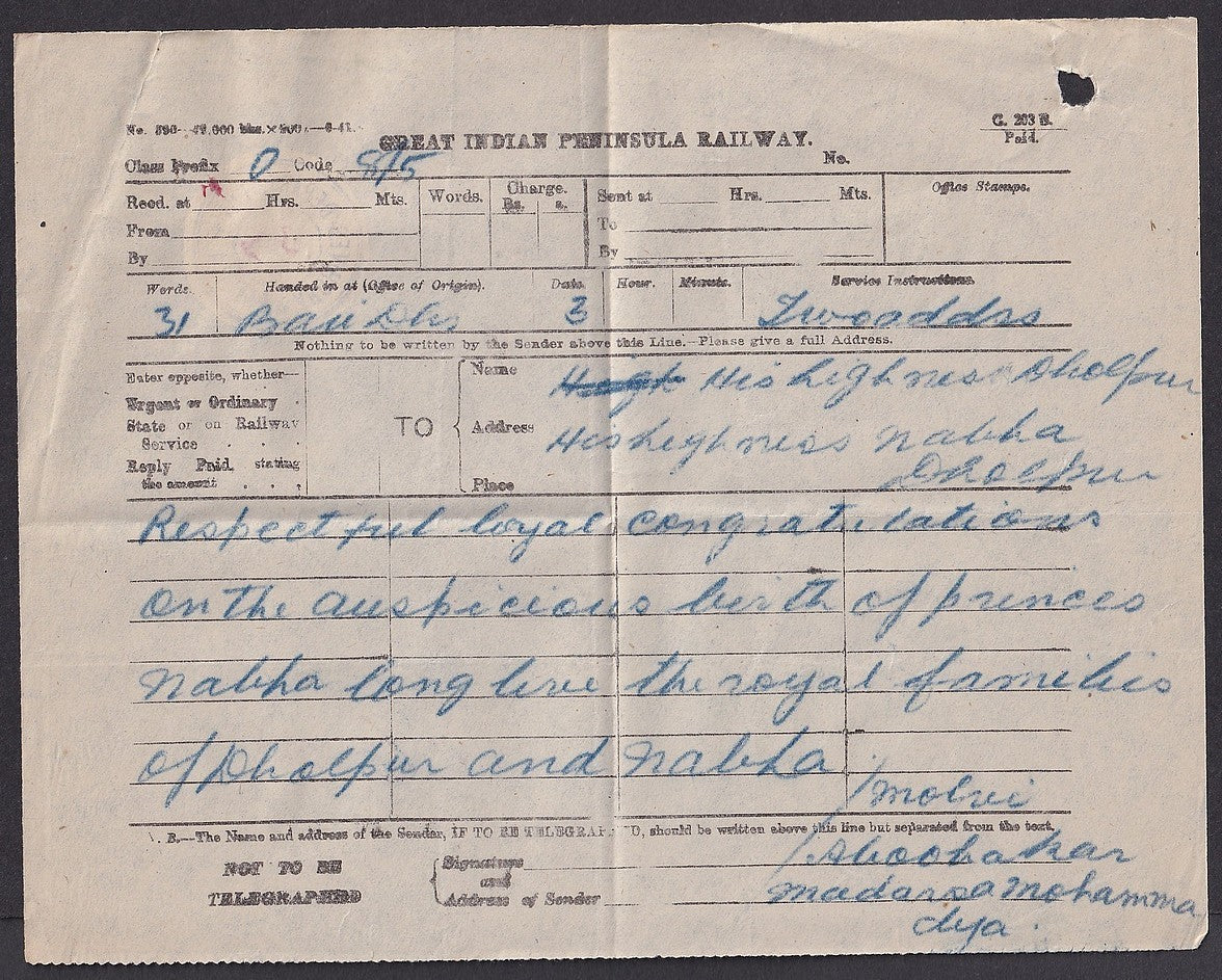GREAT INDIAN PENINSULA RAILWAY telegram to Maharaja of Nabha A PRINCESS IS BORN