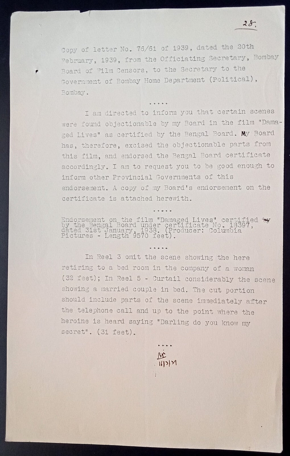 India 1939 Official letter ordering cuts in movie DAMAGED LIVES Columbia Picture