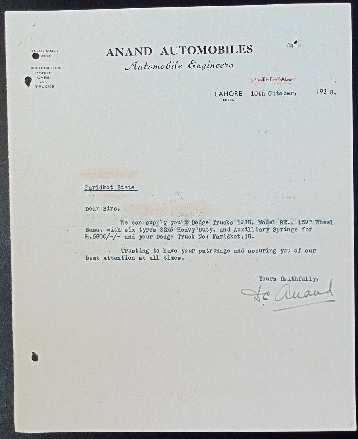 India Lahore 1938 DODGE TOURING SEDAN brochure